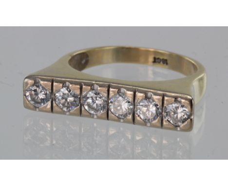 18ct yellow gold bar ring set with six diamonds totalling approx. 0.75ct, finger size R, weight 7.1g