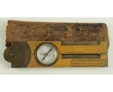 Wooden folding ruler with integrated compass &amp; spirit level, by T. Porter Glasgow, length 1ft, contained in original leat