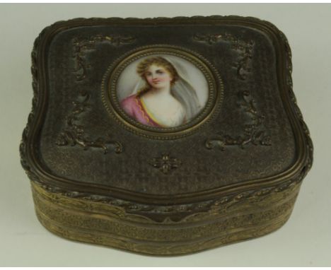 Brass ring / jewellery box, with portrait miniature to lid depicting an auburn haired lady, green velvet interior, box size h