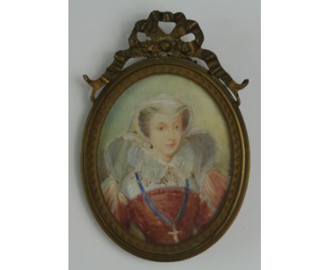 Portrait Miniature. Oil on ivory, depicting a portrait of Marie Stuart, signed to right margin 'Hi Vernois', contained in a c