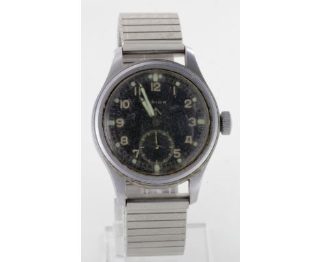 Gents stainless steel cased "Timor" military wristwatch, the black dial with luminous Arabic numerals and subsidiary seconds 