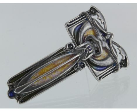 Sterling silver Art Nouveau style enamelled brooch, weight 22.8g
