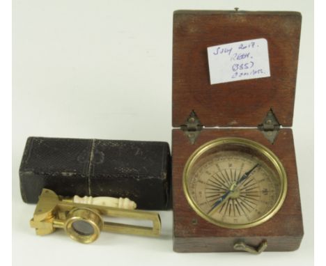 Georgian pocket compass, dial diameter 40mm approx., together with a Georgian brass pocket microscope with sliding magnifier,