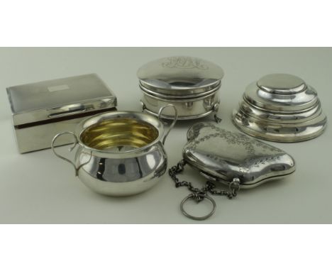 Silver. A collection of five silver items, comprising purse, cigarette box (wood lined), double handled pot &amp; two trinket