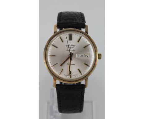 Gents 9ct cased automatic wristwatch by "Rotary", the cream dial with gilt baton markers and day/date aperture at 3 o'clock. 