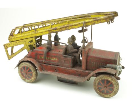 Tinplate clockwork Fire Brigade Engine, tires read 'Continental-Balloon Cord 895 x 135, length, height 16cm, length 29cm appr