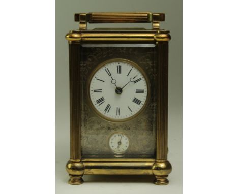 Brass five glass carriage clock, enamel dial with Roman numerals, ornate surround, secondary alarm dial, height 120mm, width 