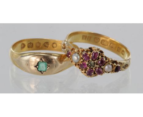 Two 22ct yellow gold rings. 22ct yellow gold emerald single stone ring, size P, weight 3.4g. 22ct yellow gold ruby diamond an