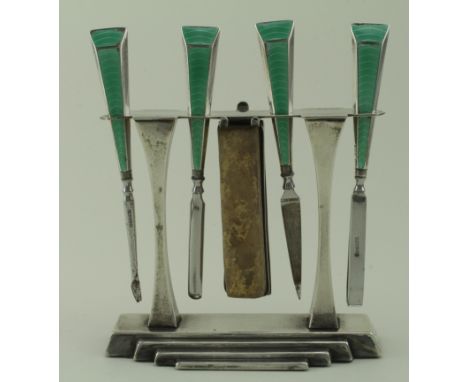 Silver &amp; enamel art deco dressing table manicure set with stand (part set), hallmarked 'MN&amp;WB, Birmingham 1933, some 