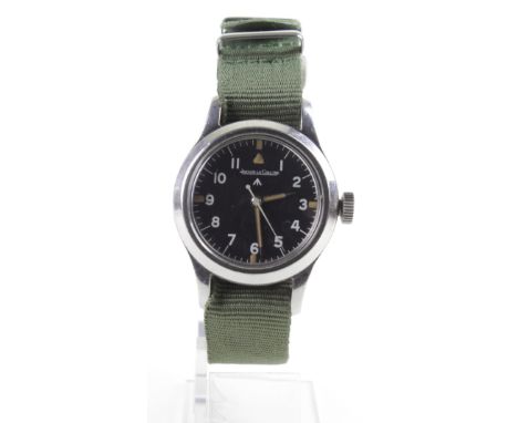 British military issue Jaeger le Coultre stainless steel cased wristwatch, the black dial set with Arabic numerals,stamped to