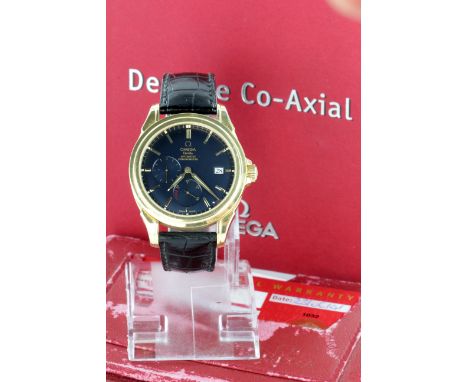 Gents 18ct Gold cased Omega Deville Chronometer circa 2001, the black dial with gilt baton markers and two subsidiary dials, 