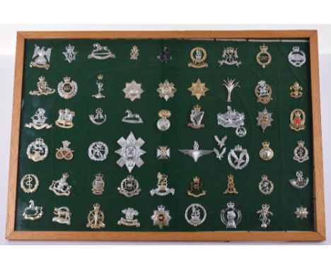 Framed Display of Anodised Aluminium British Cavalry, Infantry & Corps Cap Badges, including Royal Scots Dragoon Guards, 5th 