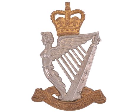 EIIR Royal Irish Rangers Pipers Headdress Badge, large two piece silver gilt pipers badge in the form of a crowned winged har