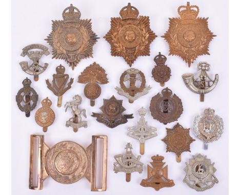 Selection of British Regimental Badges, including 2x brass Kings Crown Royal Marines helmet plates, EIIR Royal Marines helmet