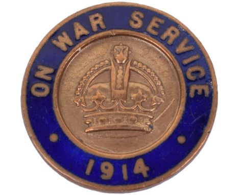 On War Service 1914 Lapel Badge, gilt and enamel example with crown to the centre. Reverse has lapel fitting which is stamped
