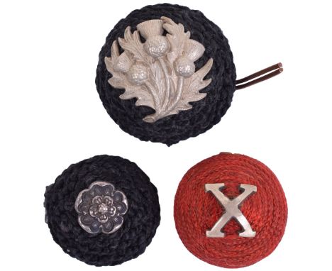 3x Cord Headdress Boss Badges, consisting of Highland Light Infantry example with white metal three thistles to black cord bo