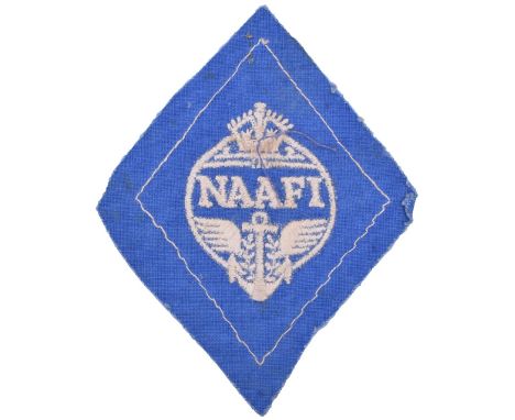 WW2 British NAAFI Overalls Badge, white embroidered emblem of the NAAFI (Navy Army Air Force Institutes) on blue cloth diamon