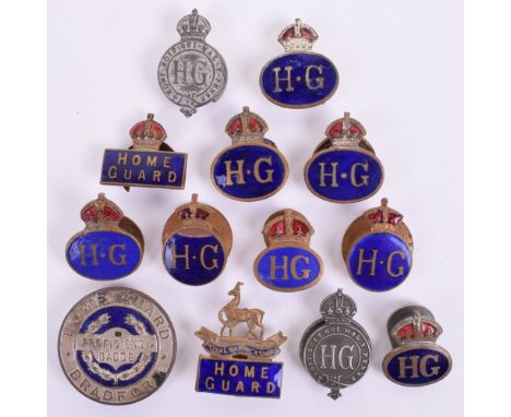 13x Home Guard Lapel Badges, including Warwickshire Home Guard brass and enamel constructed using regimental sweetheart brooc