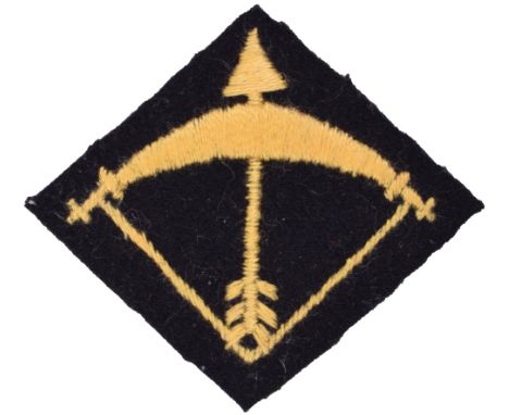 64th (London) Field Regiment Royal Artillery Cloth Formation Sign, yellow embroidered bow and arrow on black diamond cloth ba