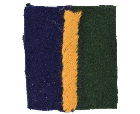 9th Battalion Somerset Light Infantry Formation Sign, divided blue and green cloth square with central golden strip.