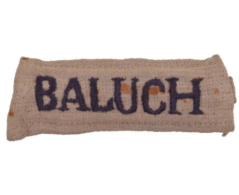 WW2 Indian Army Baluch Regiment Slip On Shoulder Title, black embroidered lettering on tropical jungle cloth backing. With ta