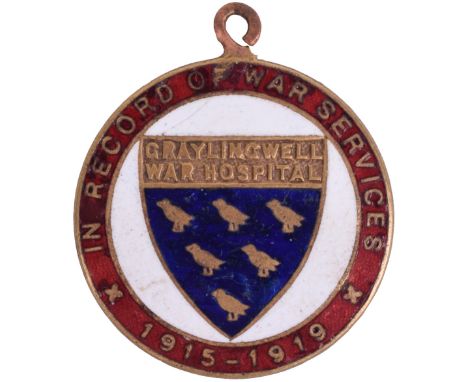 Great War Graylingwell War Hospital Commemorative Fob, fine brass and enamel circular fob badge with “IN RECOGNITION OF WAR S