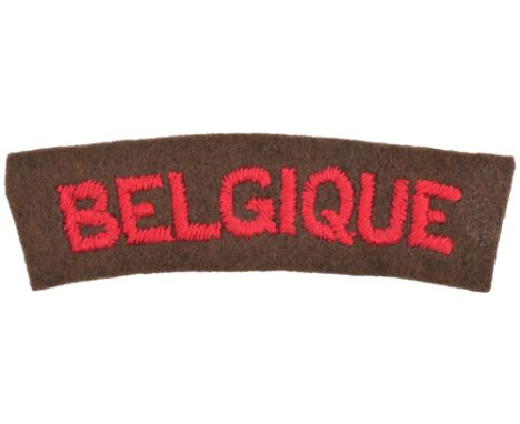 WW2 Belgium Army in Exile Cloth Shoulder Title, red embroidered BELGIQUE on khaki backing. Good condition.