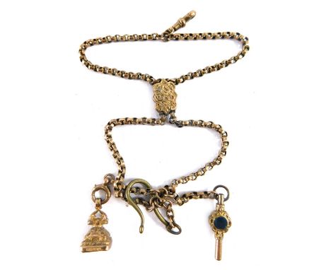 A 9ct gold fob seal, a jewelled clock key each attached to a double link chain with adjuster, 40cm long. 