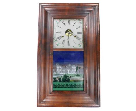 A late 19thC American wall clock by Jermone and Co, in a figured walnut ogee shaped case, the painted dial enclosed by a part