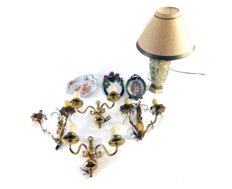 A pair of brass wall lights with glass drops, a air of brass wall lights, a lamp base and two dishes.