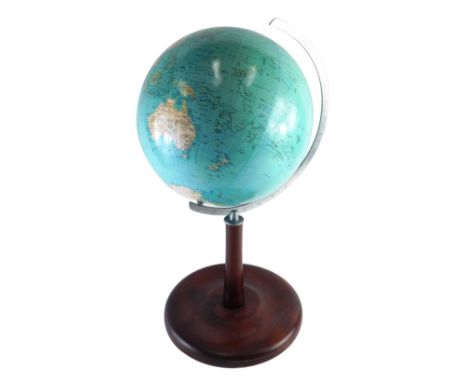 A 20thC Kaden Columbus terrestrial globe, on chrome axis and wooden stand, stamped Berlin Stuttgart, 28cm diameter. 