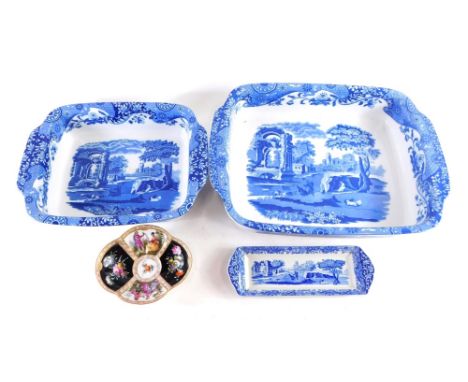 A graduated pair of Copeland Spode Italian pottery oven to table ware dishes, pen stand, 22cm long, and a Volkstedt porcelain