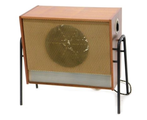 A vintage Remploy heater, with hot warm and cold feature in teak case on turned metal legs, 45cm high 55cm wide 24cm deep.