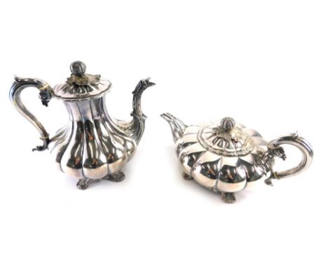 An early 20thC silver plated two piece tea and coffee service, comprising coffee pot, 27cm high, and melon shaped teapot, eac