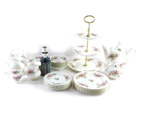 A Royal Albert Moss Rose pattern part tea service, to include cake stand, teapot, 18cm high, milk jug, two handled sugar bowl