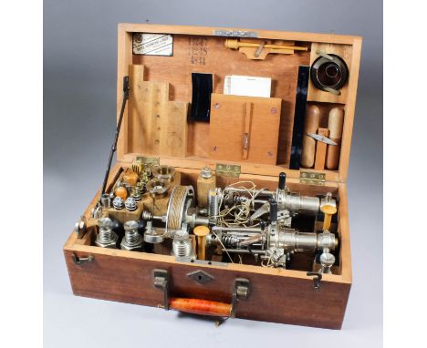 An early 20th Century silvered brass steam engine testing kit by Dreyer, Rosenkranz & Droop, Hanover, contained in mahogany c