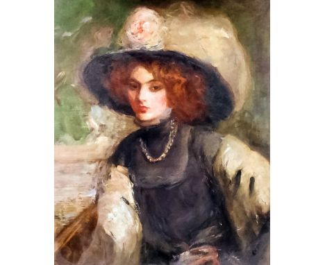Albert de Belleroche (1864-1944) - Oil painting - Half-length portrait of a young woman wearing ornate lace trimmed hat and a