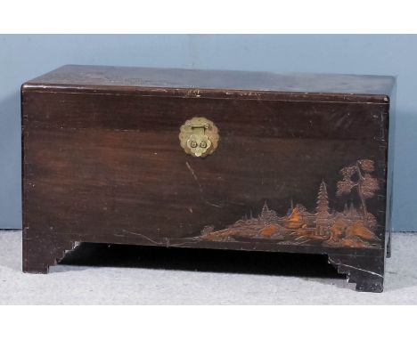 A Chinese camphor wood chest, the top and sides carved with a river landscape with pavilions and trees and on stepped bracket