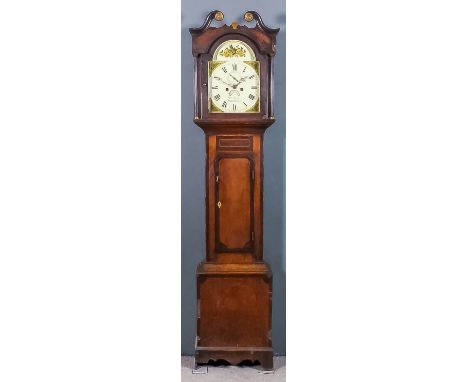 A 19th Century oak and mahogany banded longcase clock by William Peck of Sharnbrook, the 12ins arch painted dial with Roman n