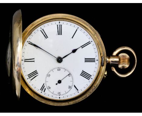 An early 20th Century Continental 14k gold half hunting cased keyless pocket watch, the white enamel dial with Roman numerals