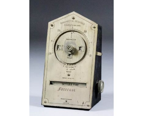 An early 20th Century desktop barometer / readings forecaster by Negretti & Zambra of London, silvered face, with black japan