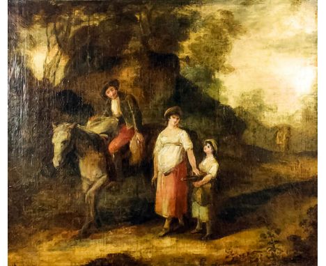Manner of Thomas Gainsborough (1727-1788) - Oil painting - Rural landscape with family and pony on a pathway, relined canvas 