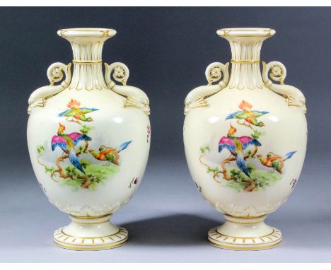 A pair of early 20th Royal Worcester "Blush Ivory" porcelain bulbous two-handled vases, printed and enamelled in colours with