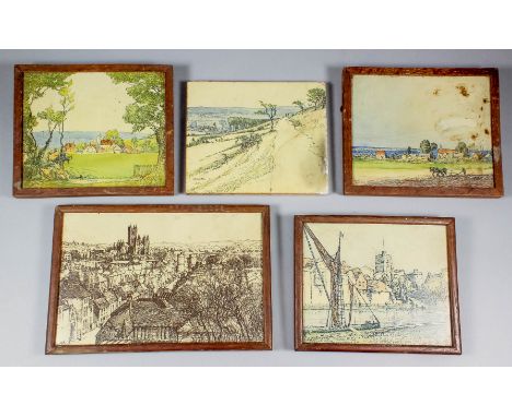 Four Royal Doulton pottery tiles designed Donald Maxwell (1877-1936) for his "Domesday" series of Kent Villages -  "Kemsing",