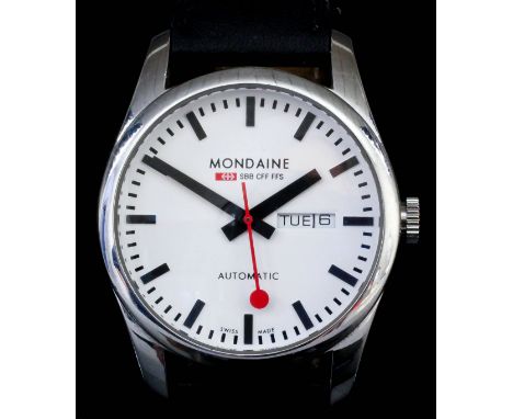 A modern gentleman's Mondaine automatic day/date wrist watch, the white dial with black numeral batons and black hands and sw
