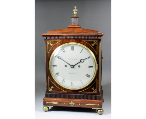 An early 19th Century rosewood and brass inlaid mantel clock by Robert Green of Edinburgh, the 8.5ins diameter silvered dial 