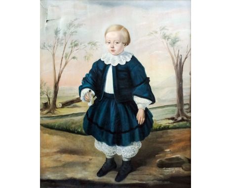 Mid 19th Century English school - Oil painting - Full length portrait of a young child wearing blue dress with lace collar, a