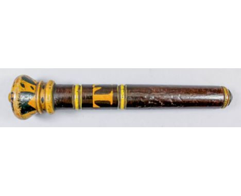 A miniature Victorian turned wood tipstaff, with turned crown and painted with "City." on a dark ground, 7.625ins