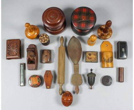 A collection of treen and primarily other wooden items, including - Rosewood needle case, the sliding top inlaid with coloure