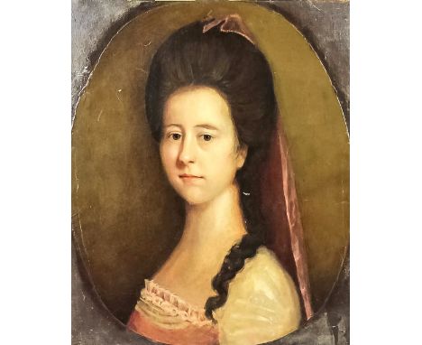 18th Century British/Continental school - Oil painting - Oval shoulder length portrait of a young woman, canvas 19ins x 15.75